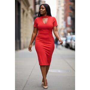 Red Midi Bodycon Dress with Keyhole Neckline